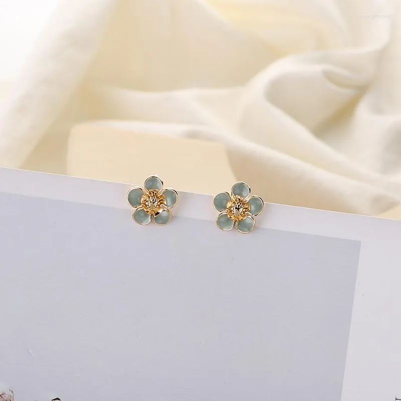 Stud Earrings Korean Design Sense Drip Glaze Cherry Blossom Fresh Bean Green Small Flower Temperament All-match