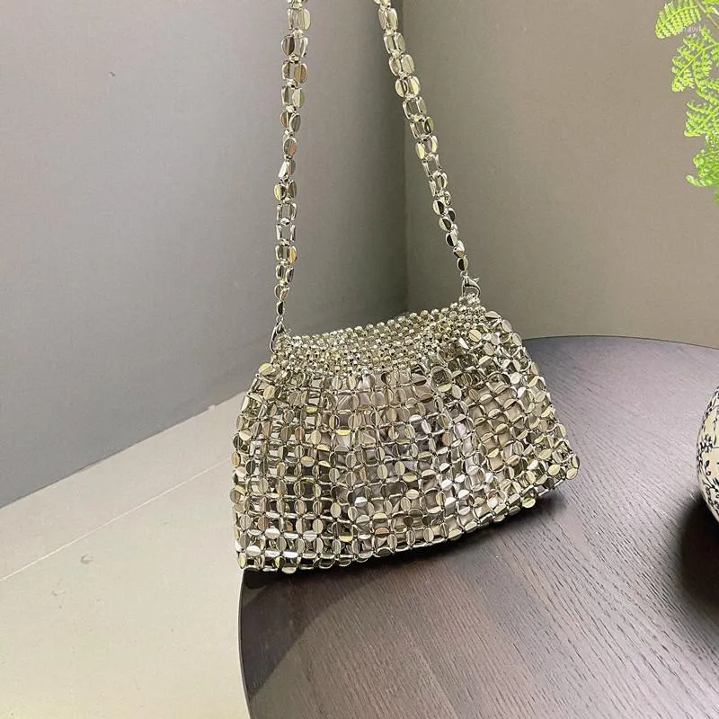 Borse da sera SHINE Borse piatte in argento dorato fatte a mano Perline intrecciate Pochette a spalla grande con gnocchi lucidi