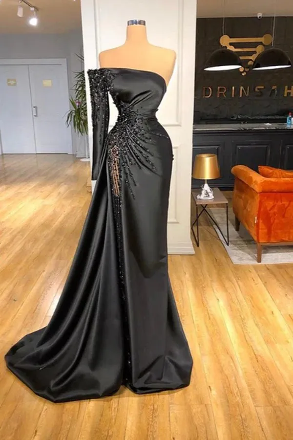 Black One Shoulder Satin Evening Dresses Long Sleeve Beaded Crystal Ruched Formal Dress Sweep Train Birthday Party Gowns Celebrity Gown Robe BC14907