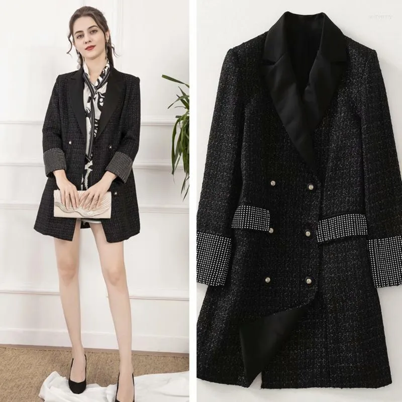 Women's Suits 2023 Spring Luxury Women Blazer Drill Tweed Lapel Double Breasted Slim Suit Coat Womens Black Jacket Wholesale Clothes