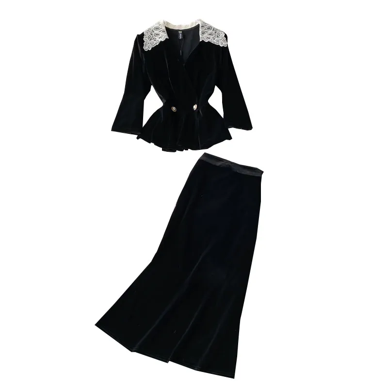 Women lace turn down collar velvet fabric peplum top and mermaid midi long desinger skirt twinset 2 piece dress suit SML