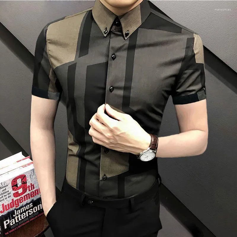 Men's Casual Shirts Korean Style Spring Summer Men Short Sleeve Turn-down Collar Printed Slim Tops For Smart