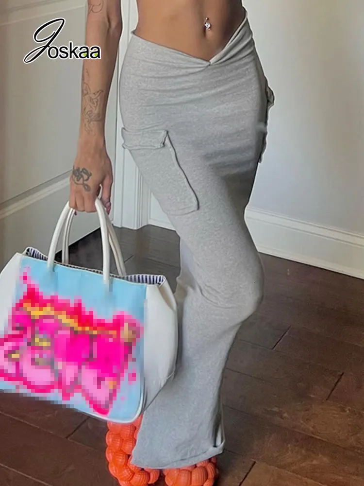 Jupes Joskaa gris taille haute poche plissée Maxi jupe femmes vêtements été décontracté irrégulière moulante longue Sexy Streetwear 230110