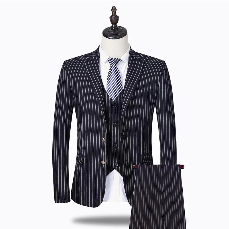 Trajes de hombre clásico para hombre a rayas de tres piezas Blazer Slim Fit boda hombre novio esmoquin traje Formal chaqueta pantalones chaleco traje Homme