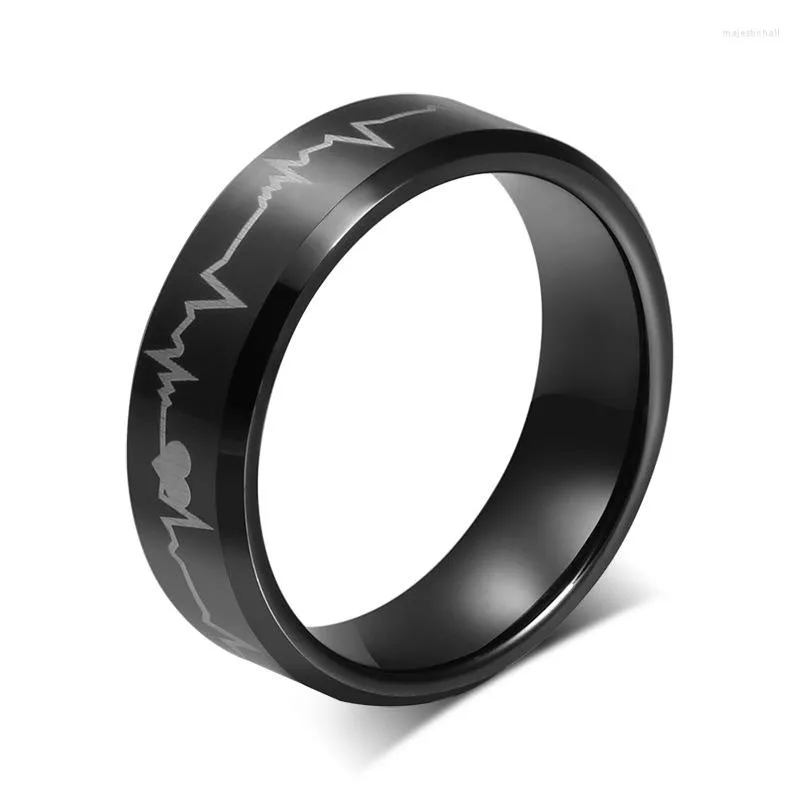 Fedi nuziali EAMIOR 8 mm acciaio al tungsteno moda elettrocardiogramma uomo anello per festa anniversario accessorio nero fidanzamento souvenir