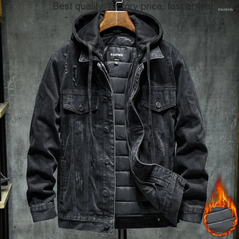 メンズジャケット高品質の男性黒い冬のデニムアウターウェア太い暖かいジャンコートデタッチ可能なコットンライナーフード付き通り