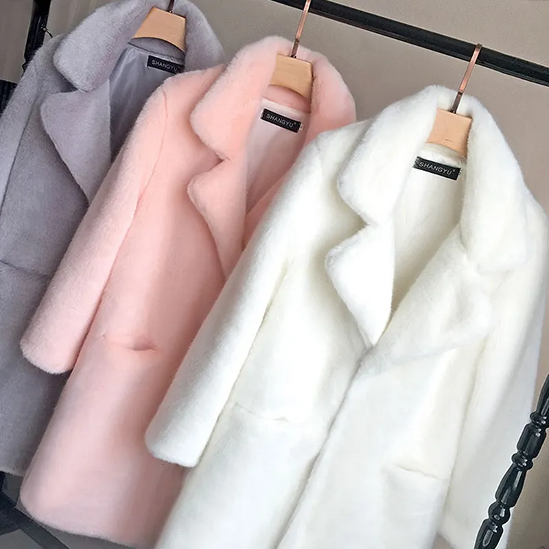 Manteau en fausse fourrure pour femme, manteau de vison solide, col rabattu, chaud d'hiver, veste décontractée, par exemple 230109