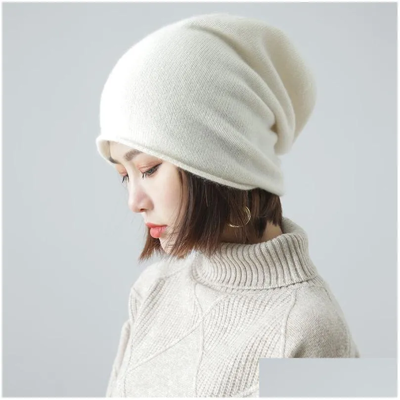 Beanie/Skull Caps Beanieskl Women 30 Cashmere Thin Simple Solid Rolled Hem Hat Blends Soft Yarn Knit Beanies Wool Winter Spring Warm Dhhca