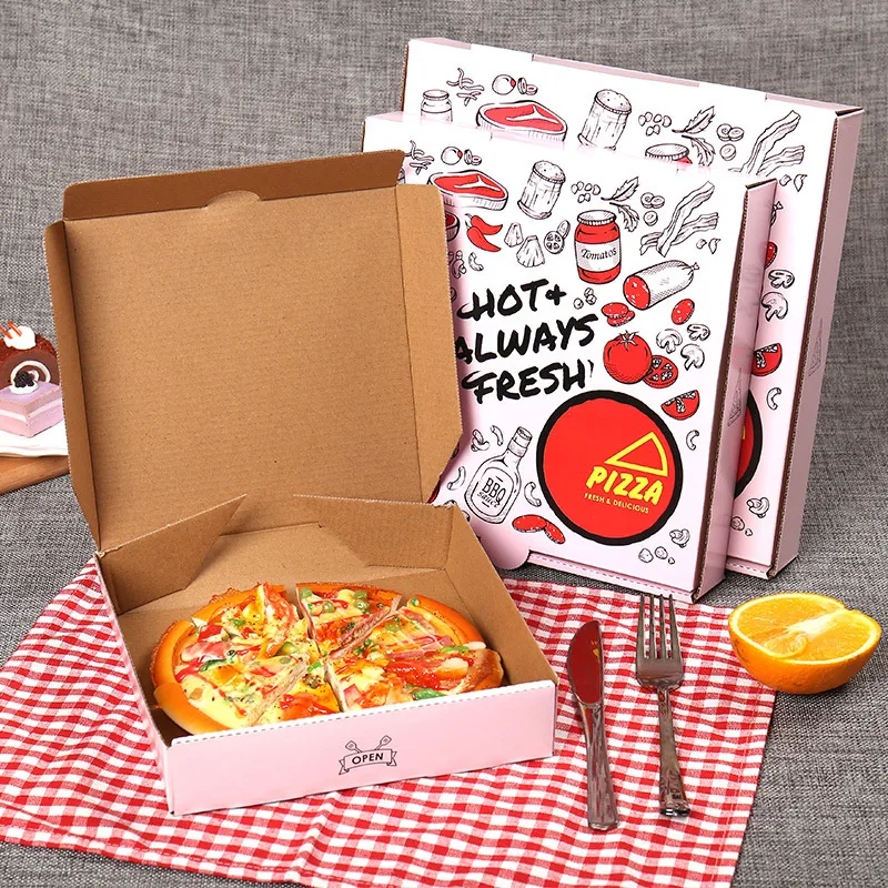 Anpassad färgtryckt matkvalitet Eco Friendly Take Away Food Paper Box Kraft Paper Brown Pizza Boxes A383