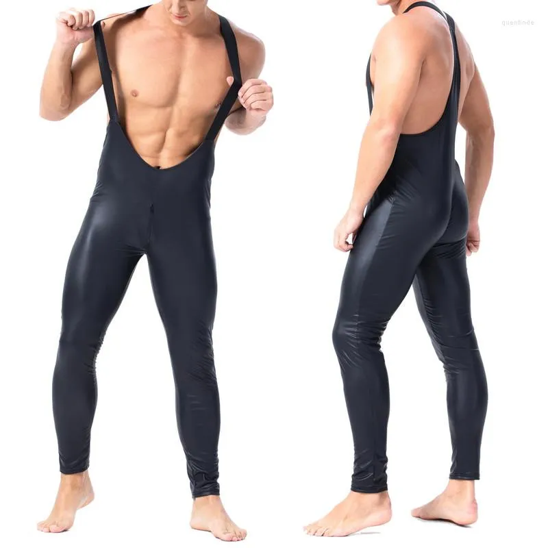 Canotte da uomo Tuta in pelle PU Canotta da wrestling Tuta intera Body Tute da ballo Stage Dancewear Pantaloni lunghi gay maschili