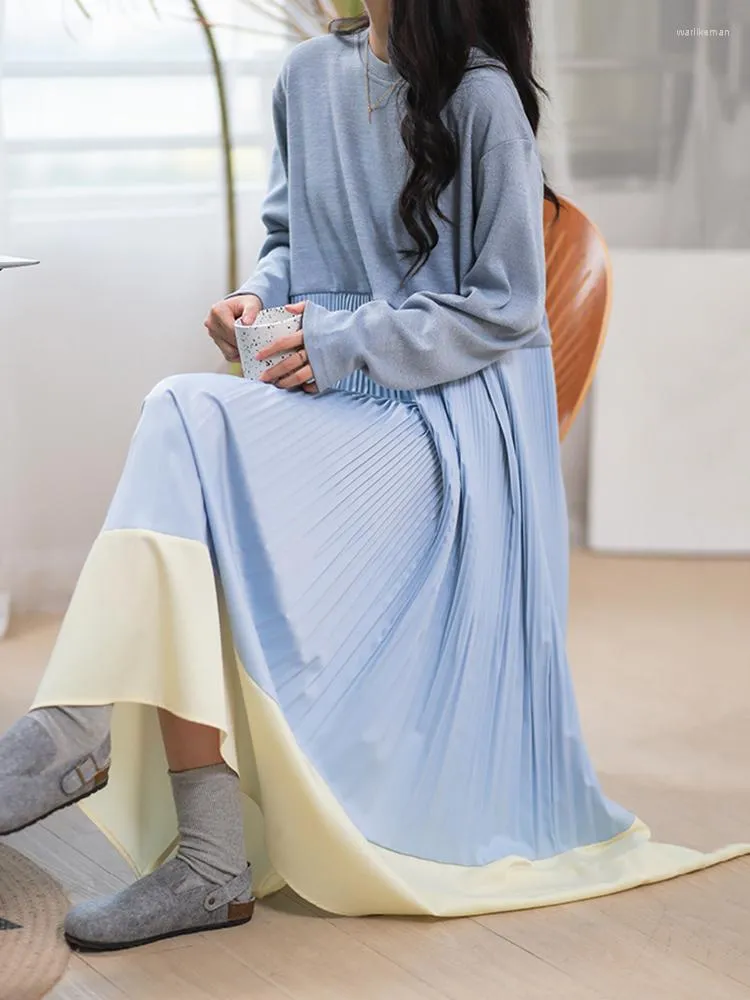 Casual Dresses Xitao Patchwork Dress Fold O-Neck Pullover Loose Full Sleeve Elegant Long Style Simplicity Show Thin 2023 Personlighet ZY8199