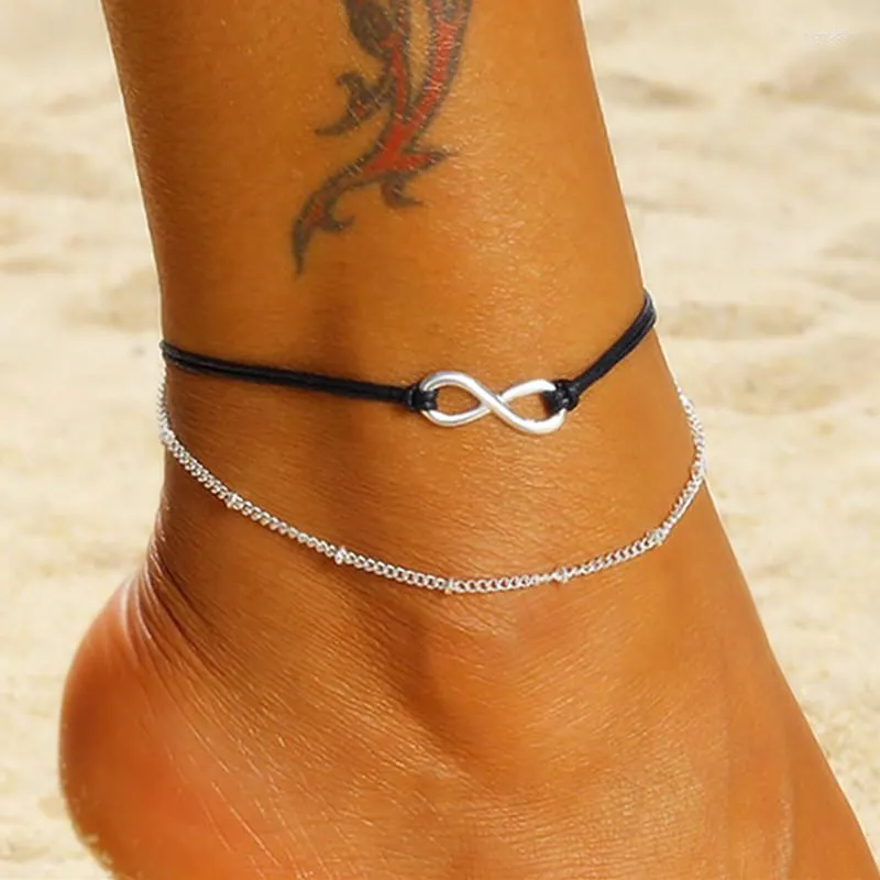 Cavalches Summer Fashion Woman Beach Anklet Accessori doppio strato Lucky 8 Words Strap Perline Chain Charm Gioielli Regalo per gioielli illimitati