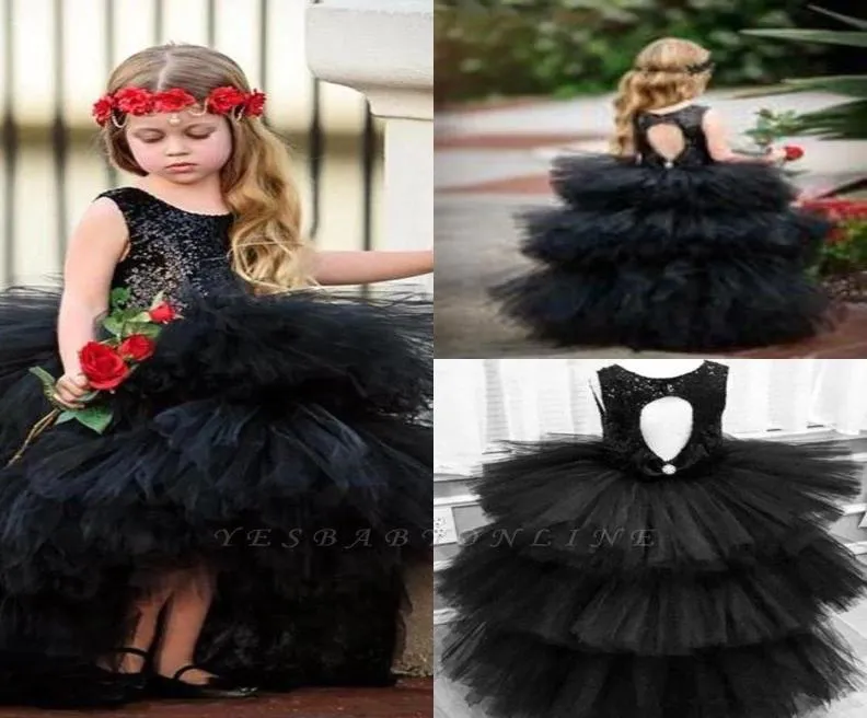Ruched Ruffles Tulle Short Black Flower Girl Girl Dresses 2021 New Gothic Weddings Girl Pageant Party Gowns Jewell Neck Keyhole Back BC54624378