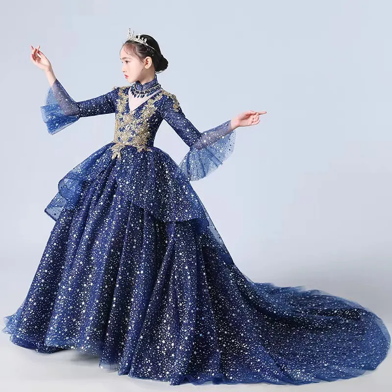 Save Big on Bulk Navy Blue Gold Flower Girl Dresses 2023 Gold Blue Flower  Girl Dresses Jewel Neck Ball Gown Lace Appliques Beads Long Sleeves Kids