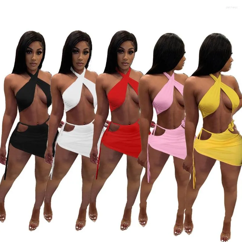 Work Dresses Sexy Bra Backless Skirt And Top Sets Woman Halter Strap Crop Bandage Tight Mini Skirts Summer Night Party Clubwear 2023