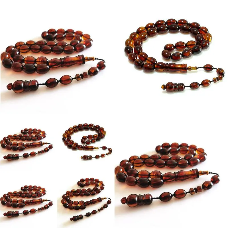 Braccialetti con ciondoli Rosario islamico Misbaha Regali islamici Caffè Resina Ambra Forma ovale 11X14Mm 33 Perline di preghiera Musulmano Tasbih Tasbeeh Intero Dhfwo