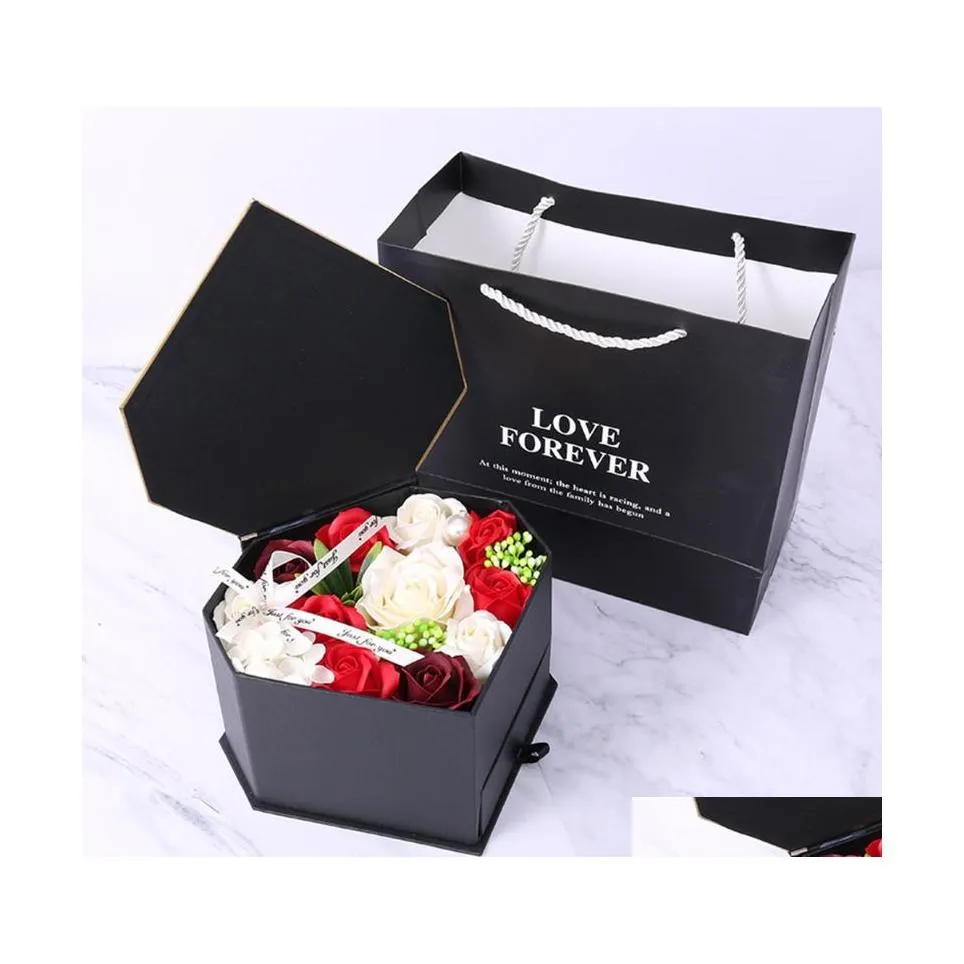 Flores decorativas Guirnaldas Doble Der Boda Día de San Valentín Novia Jabón corporal Fiesta de flores Caja de regalo Rosa Corazón romántico Baño P Dhw4U