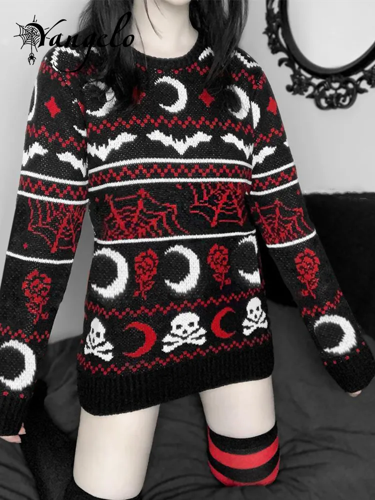 Kvinnors tröjor Yangelo Gothic Moon Skull Pattern Ströja Knit Top Loose LongeChes Warm Autumn Winter Street Fashion Girls Pullover 230109