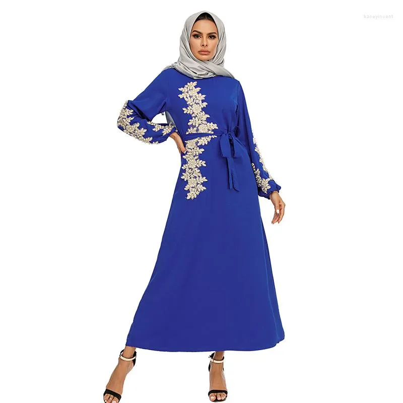 Ethnische Kleidung Frauen Muslim Dubai Abaya Türkei Kleid Puff Langarm Ausgestelltes Maxi Perlen Blumenspitze Applikation Gürtel Robe Elegant