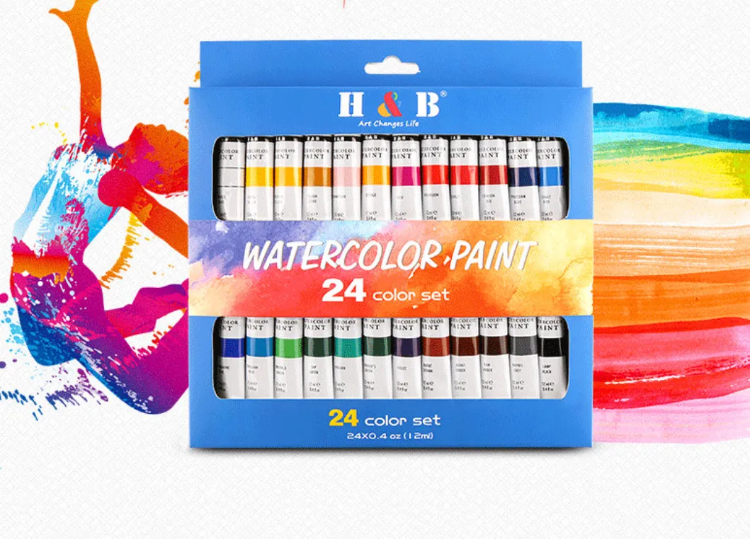 O mais recente conjunto de tintas para pintura em aquarela de 24 coloras em alumínio tinta aquarela tubular muitos estilos para escolher entre o logotipo personalizado de suporte