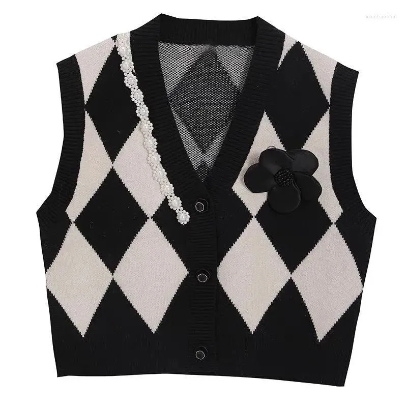 Pulls pour femmes gilet tricoté printemps et automne à carreaux col en v perle sans manches simple boutonnage mode tout match Cardigan pull femmes ZM413