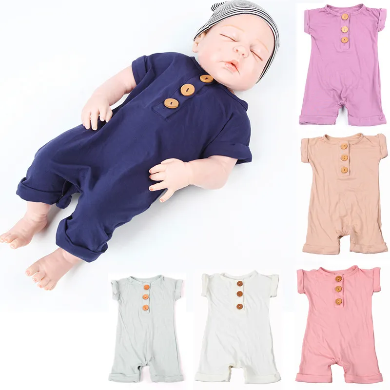 0-18M Summer Baby Girls Short Sleeve Clothes with Wooden Button Boys Romper Girl Jumpsuit Infant Playsuit Newborn Casual Outfit Spring