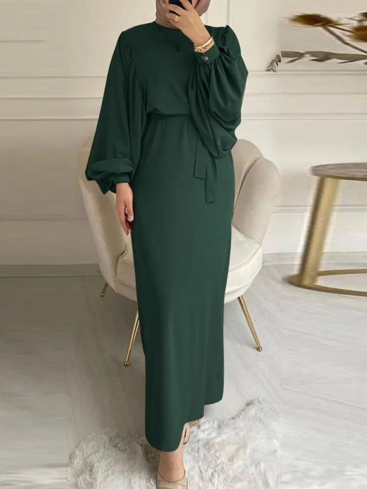 Etnisk kläder Autumn Puff Sleeve Marocko Muslim Dress Women Abaya Kaftans Casual Evening Dresses Woman Turkiet Islam Long Robe Fe302o