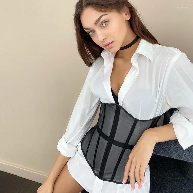 Belts Hirigin Sexy Solid Color Bodycon Waspie Chic Lady Bustiers Tops Women Mesh Corset Top Short Waist Belt Female Vest