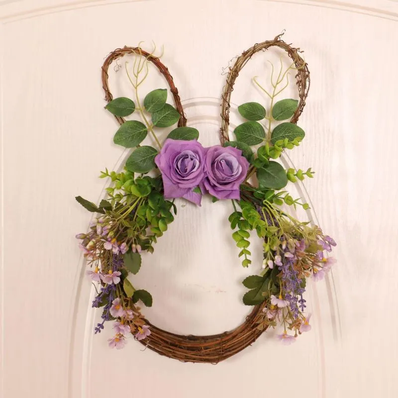 Couronne de fleurs décoratives de pâques, décoration murale pour porte de jardin extérieur, maison, roses violettes et feuilles vertes artificielles pour devant