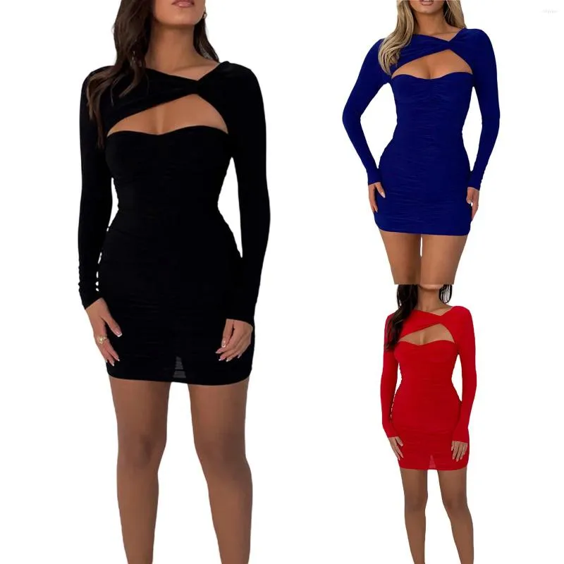 Casual jurken dames fashion trend bodycon jurk lange mouw holle vooraan aan de voorkant wending massieve kleur ruches