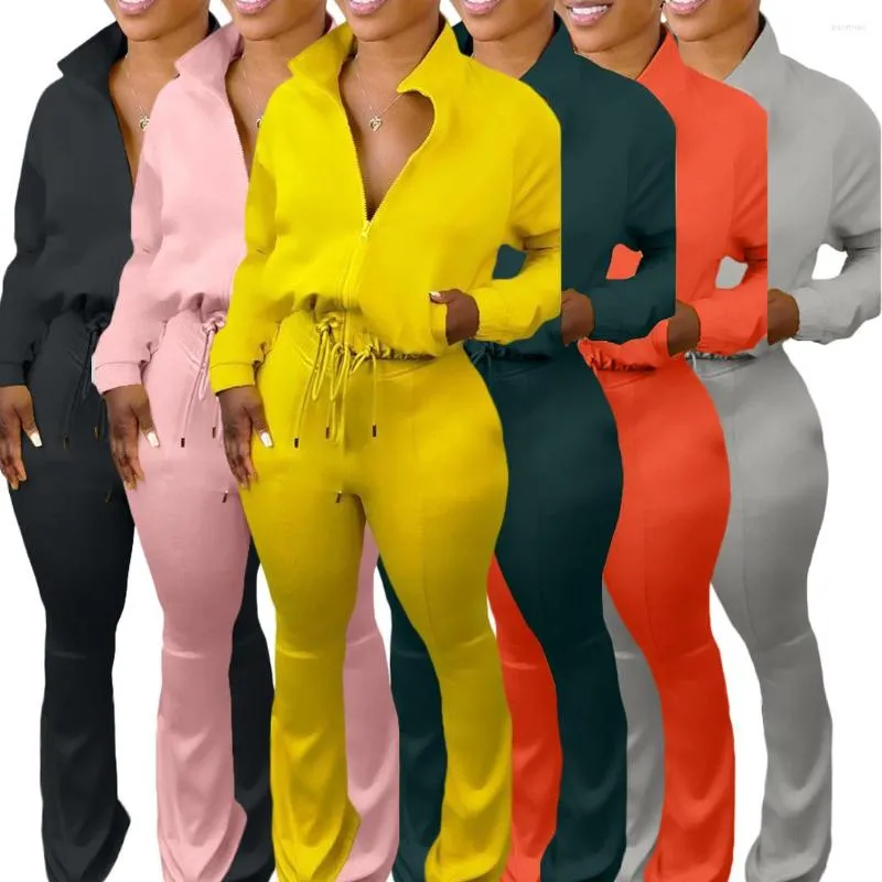 Kvinnors tvåbitar byxor Solid Color Stand Collar Cardigan dragkedja jacka dragskonflarad sportkonditionssats höst jogger för kvinnor