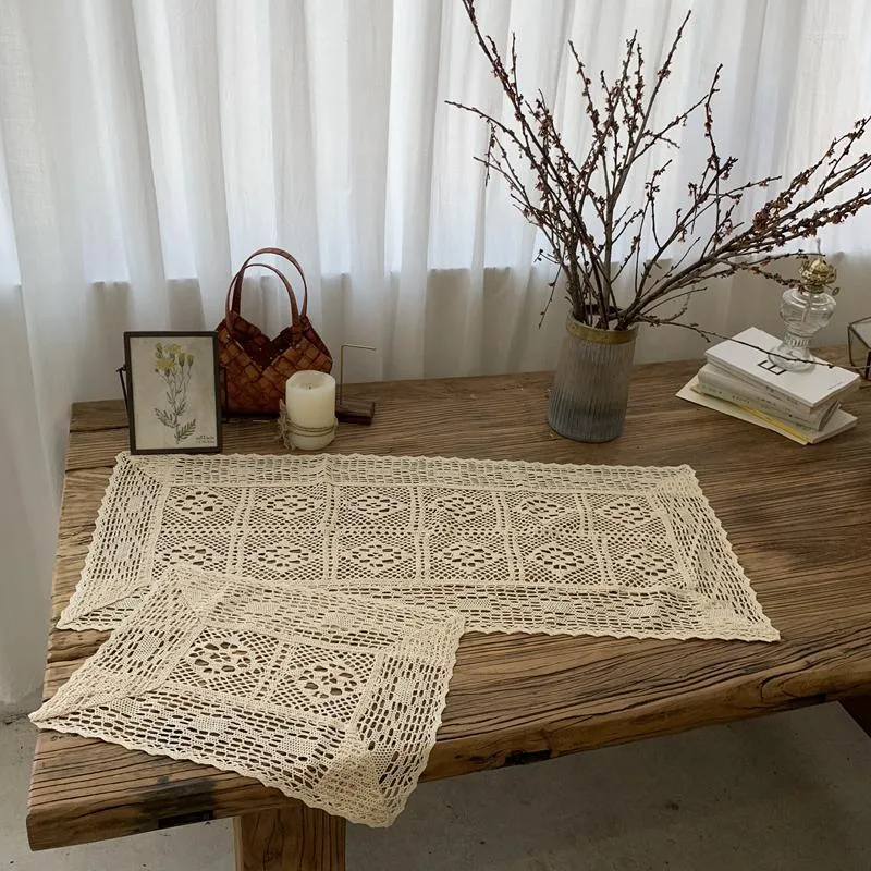 Table Cloth Hollow Lace Cotton Beige Weave Village Cover Napkin Placemat Tablecloth For Wedding Home Decoration