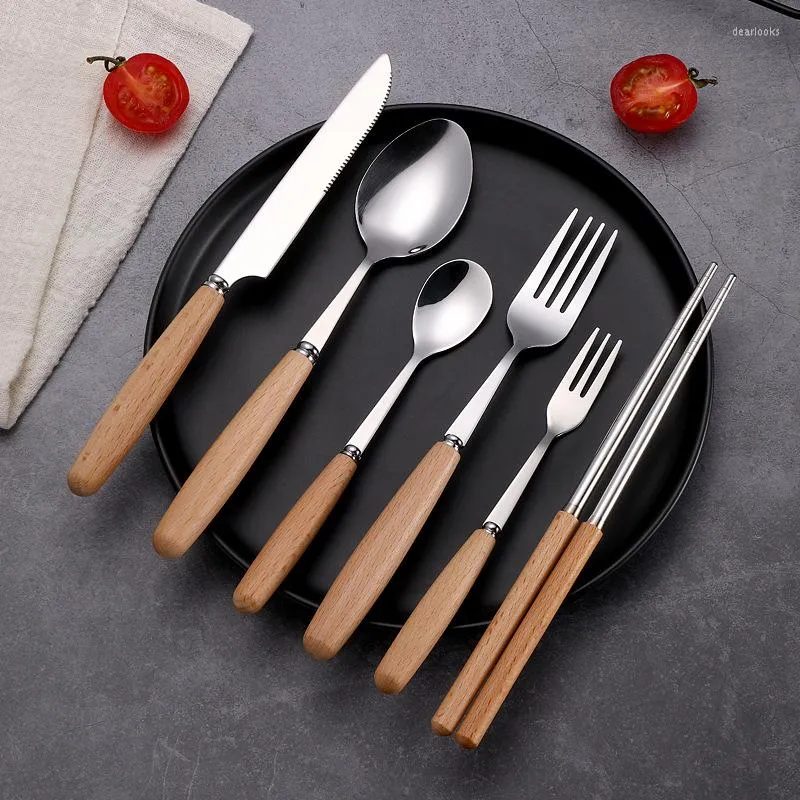 Dijkarts sets houten handgreep roestvrijstalen tafelwerk set draagbare hoogwaardige mes vorkhaanstoffen lepel school thuisreizen flatware