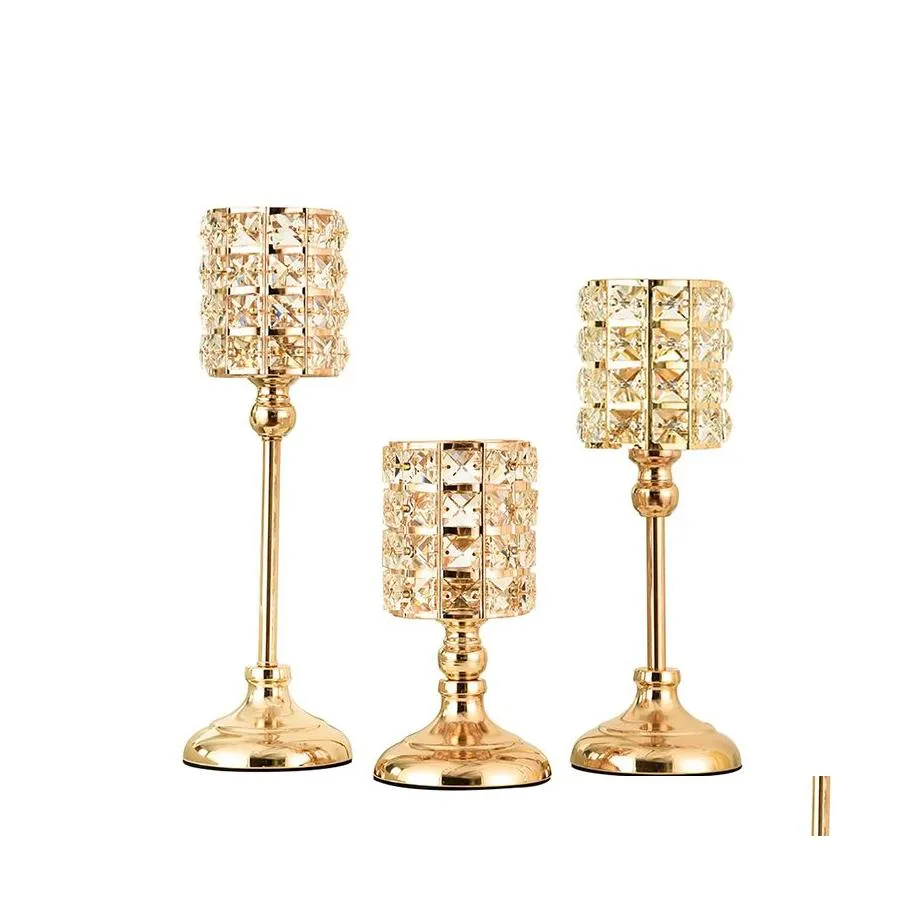 Candle Holders Golden Crystal Holder Creative Metal Vertical Candlestick Wedding Christmas Holiday Candelabrum Home Decoration Ornam Dh1Gk