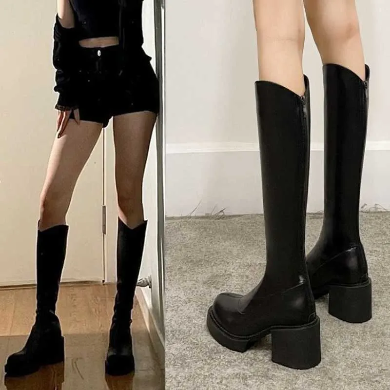 Bottes hiver nouveau cuir Pu bout rond à talons hauts mode à la mode et confortable chaud tout-match genou-haut Botas Mujer 221215