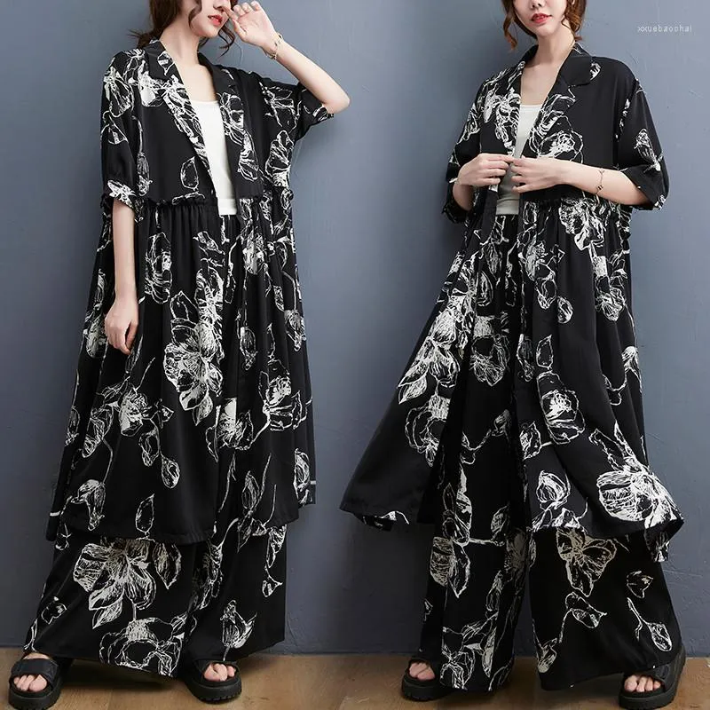 Women's Two Piece Pants Fashion Suit Woman Summer Printed Short-sleeved Lapel Dress Elastic Waist Wide-leg Loose Femme Two-piece Female