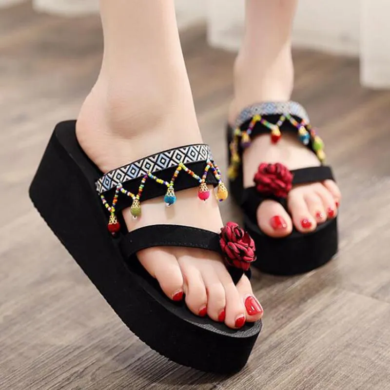 National Style Wedge Heel Princess Slippers For Women Waterproof