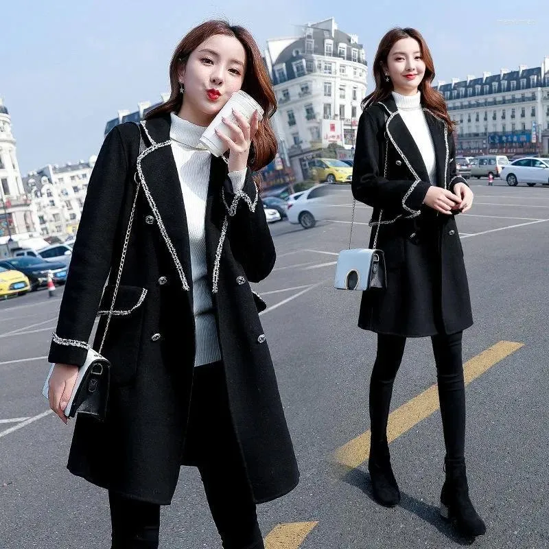 Kvinnors ull hepburn stil tjock ulljacka Kvinnor i mitten av längden 2023Autumn Winter Outwear Black Windbreaker Suit Collar Coat Kvinna L536