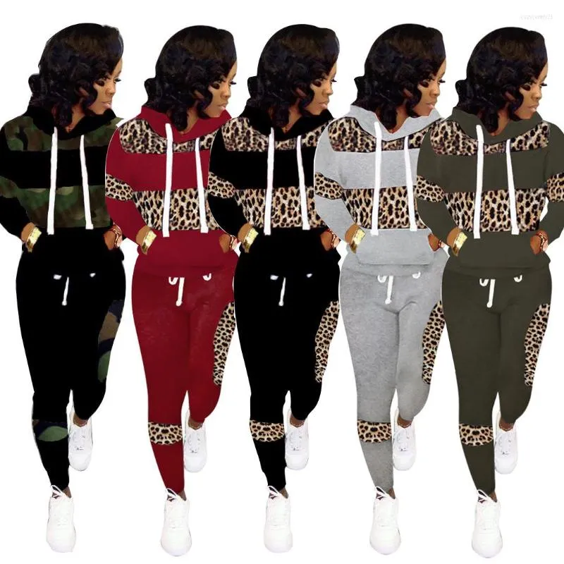 Zweiteilige Damen-Hosen, Kapuzen-Sweatshirt, Damen-Set, Patchwork-Leoparden-Kapuzenpullover mit Reißverschluss und Kordelzug, Sport-Trainingsanzug, lässiges Outfit