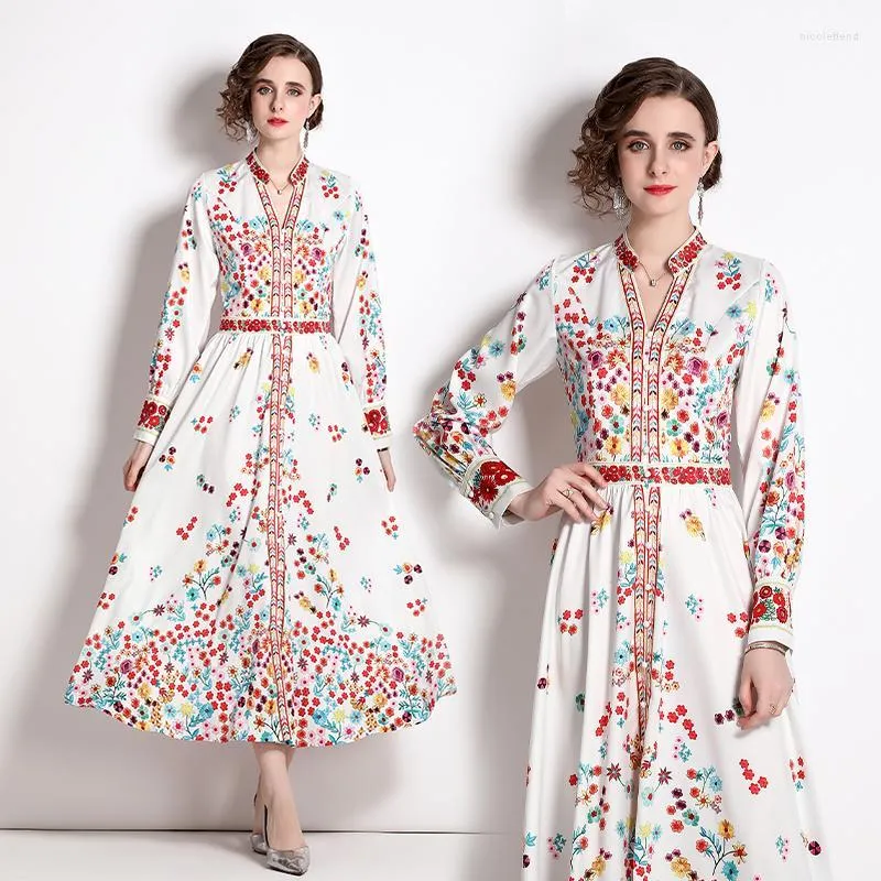 Casual Dresses Softerable Loose Big Swing Ethnic Women For Autumn White Base Red Small Flower Printed High Waist Robe Vintage Vestidos