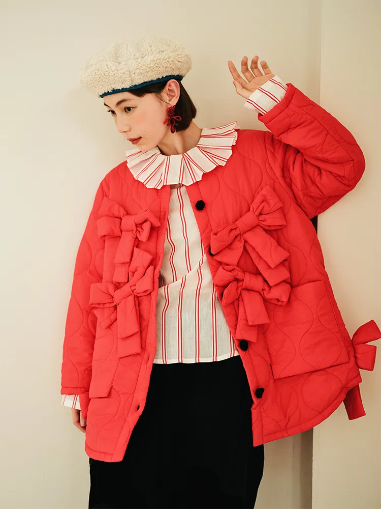 Women's Down Parkas Imakokoni Original Japanese Yule Christmas Red Bow Cotton Jacket Autumnwinter Women's Tops Keep Warm Pocket 223962 230109