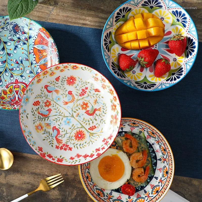 Assiettes Bohemian Dîner Set Household Creative Plate Dîle de cuisine Supplies Fruit Dish Retro Flower Rice