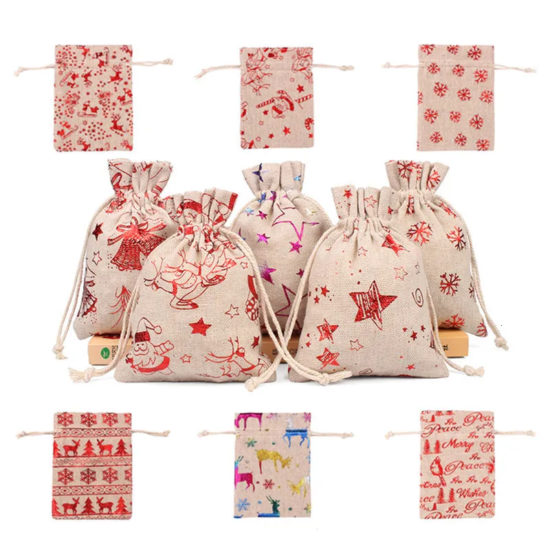 Papel de regalo 50pcs 10x14 13x18cm Bolsa de Navidad de arpillera Bolsas de embalaje de joyería Decoración del banquete de boda Bolsas de bolsita dibujables 55 230110