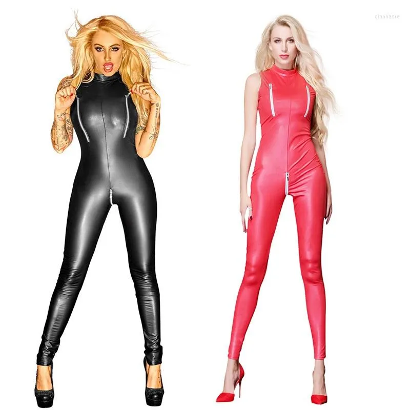 Women's Jumpsuits Sexy Zipper Gothic Black PVC Faux Leather Latex Zentai Catsuit Wetlook Jumpsuit Erotic PU Bodysuit Club Wear Overalls