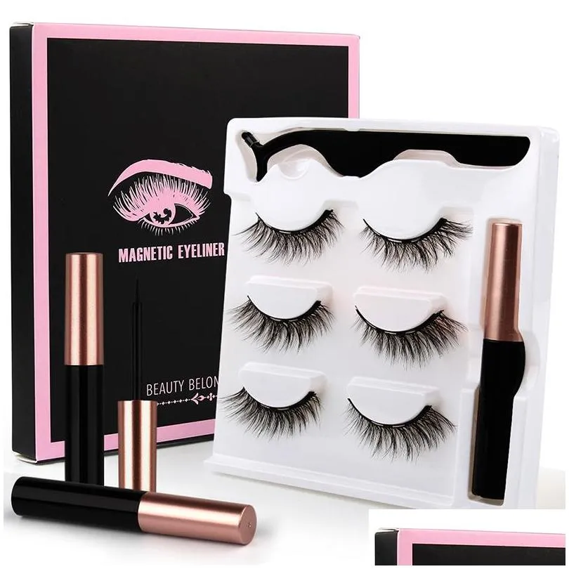 Falsche Wimpern 3 Paare Magnetischer flüssiger Eyeliner und Wimpern Natürliches gefälschtes Set Kleber Magnet Black Box Coloris Großhandel Make-up Drop Del Dh5Kz