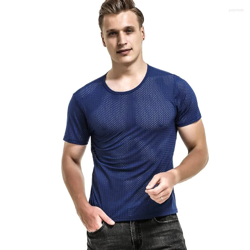 Camiseta de gelo de camisa de gelo masculino de malha respirável esportes ocos esportes de fitness de fitness de seca rápida camisa de manga curta solta de decote em V