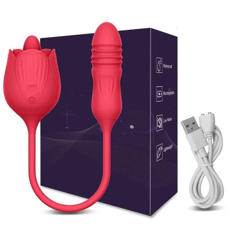 Sex toys Massager 2 in 1 Rose Vibrators Female Tongue Licking Clitoris Stimulator Dildo Telescopic g Spot Vibrating Egg Toys for Women Adults