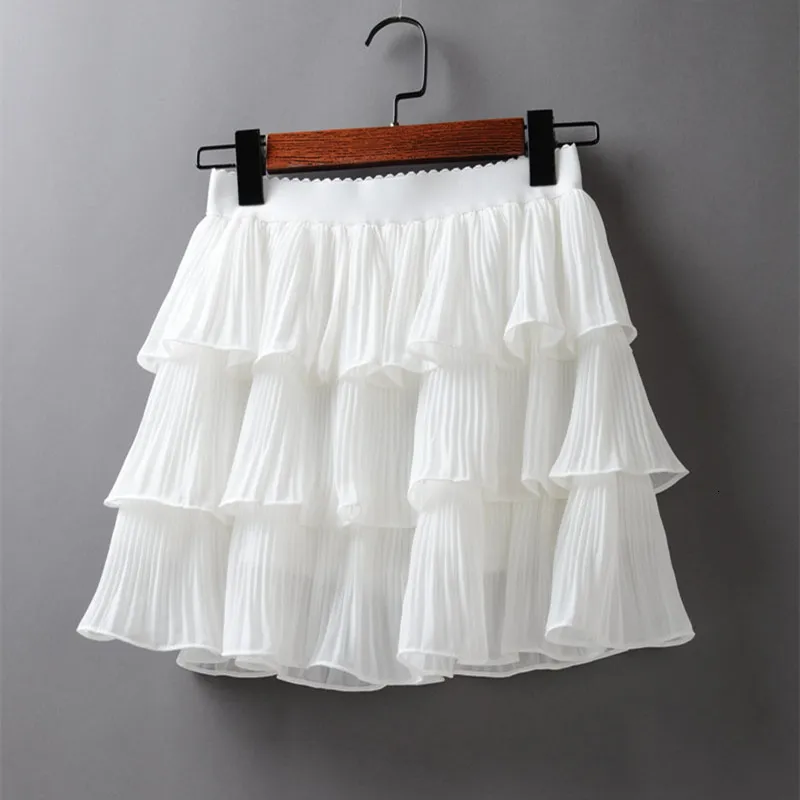 Skirts Summer Women Elasticity Waist Mini Ladies Chiffon Casual Cake Black White Femme Pleated 230110