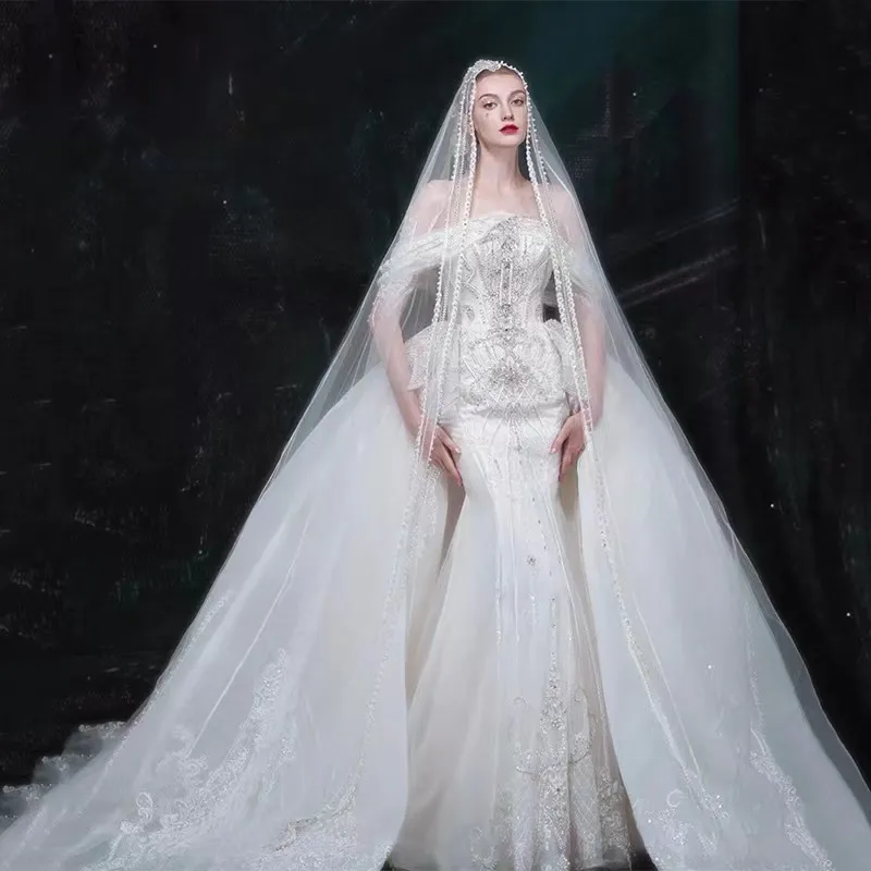 The Celestine Gown – Off-the-Shoulder Mermaid Wedding Dress with Pearl & Crystal Beading