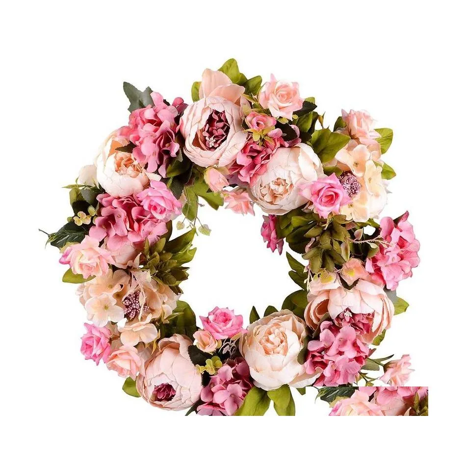 Couronnes de fleurs décoratives couronne de fleurs artificielles pivoine 16 pouces porte ronde à ressort pour le mariage avant décoration de la maison livraison directe Dhj54